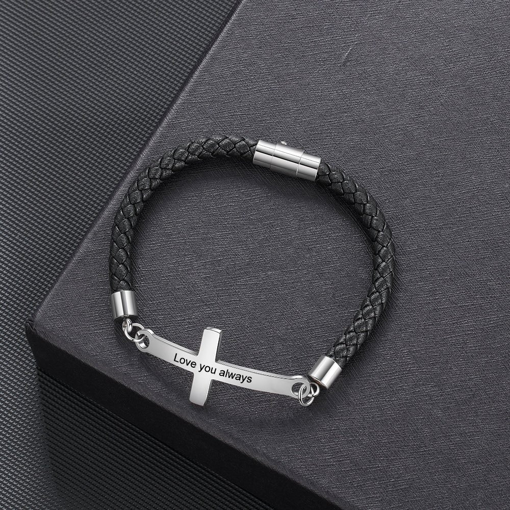 Personalized stainless steel and leather cross bracelet, custom engraving, unisex, 14g weight.