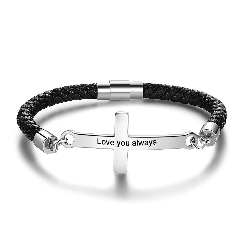 Personalized stainless steel and leather cross bracelet, custom engraving, unisex, 14g weight.