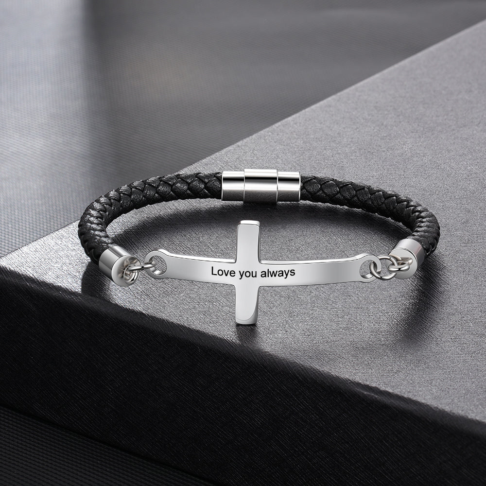 Personalized stainless steel and leather cross bracelet, custom engraving, unisex, 14g weight.