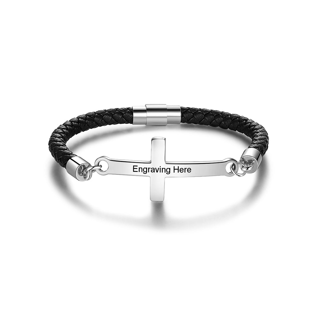 Personalized stainless steel and leather cross bracelet, custom engraving, unisex, 14g weight.