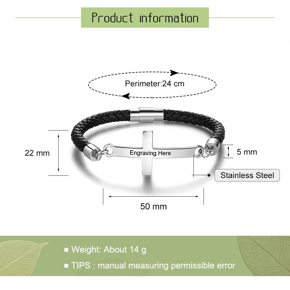 Personalized stainless steel and leather cross bracelet, custom engraving, unisex, 14g weight.