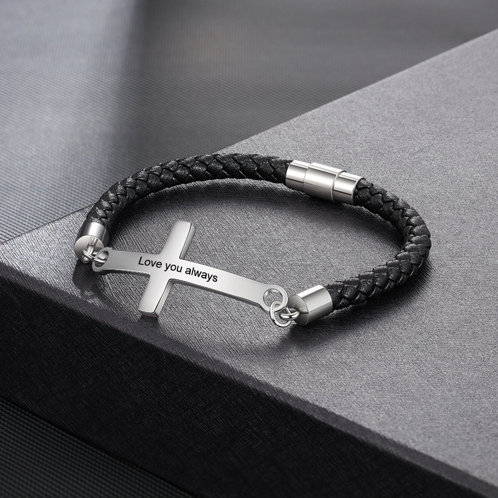 Personalized stainless steel and leather cross bracelet, custom engraving, unisex, 14g weight.