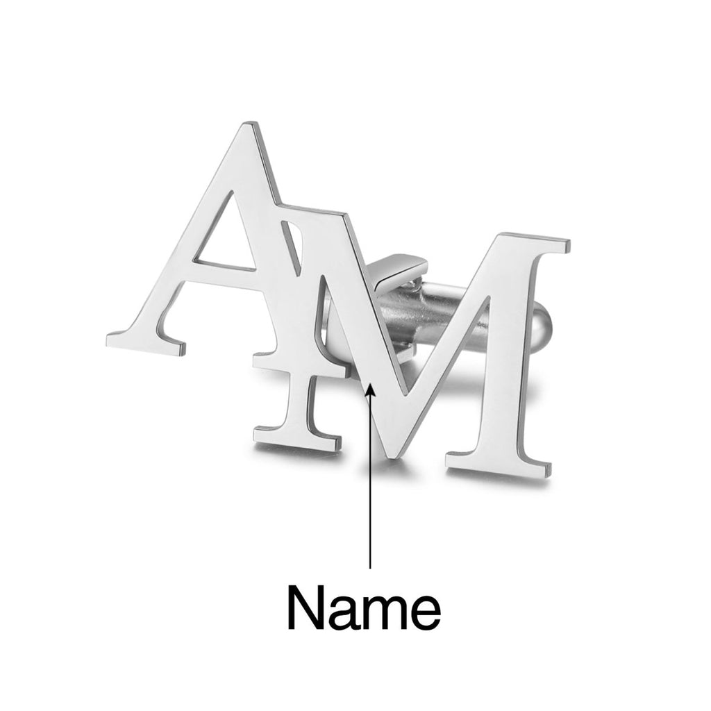 Personalized stainless steel cufflinks with custom cutout initials, 28x19mm, 3.9g weight.