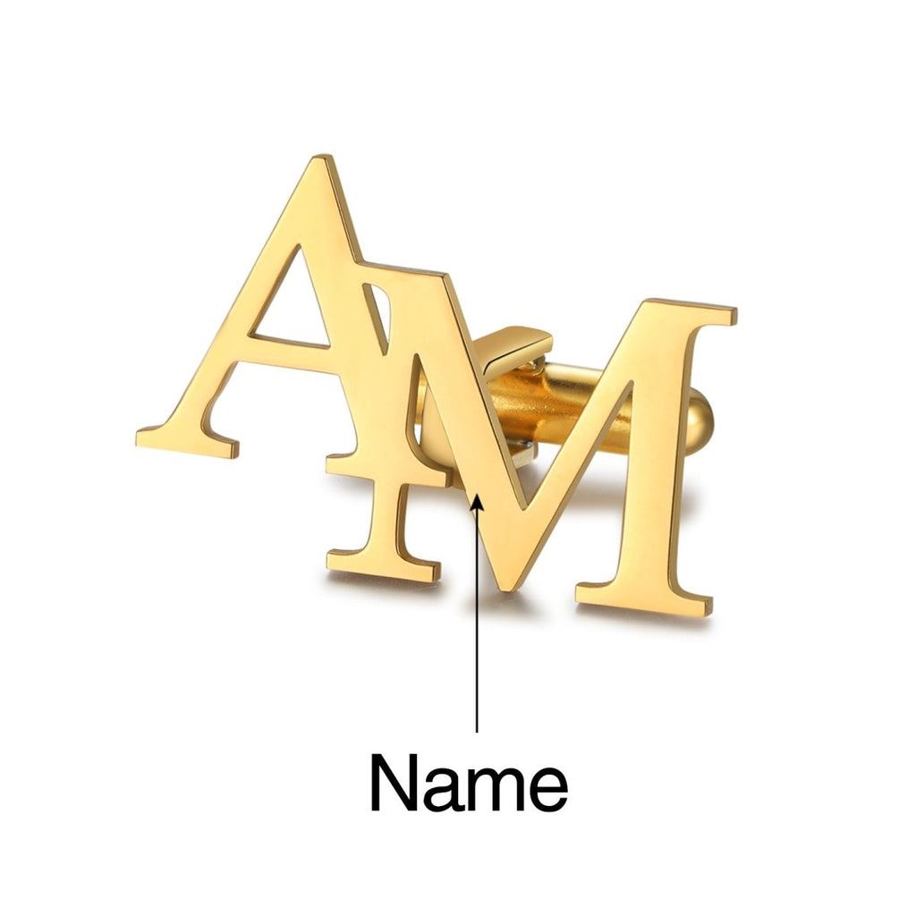 Personalized stainless steel cufflinks with custom cutout initials, 28x19mm, 3.9g weight.