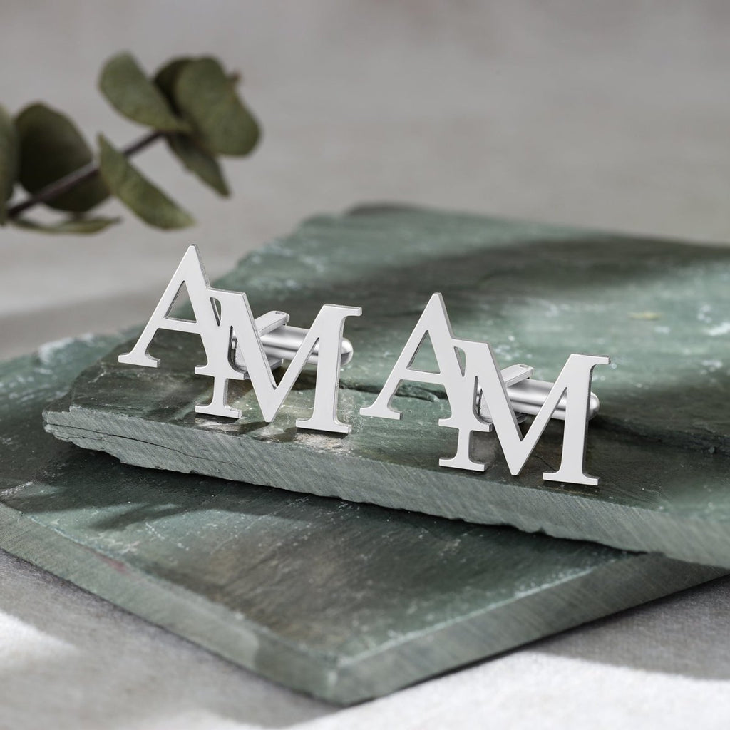 Personalized stainless steel cufflinks with custom cutout initials, 28x19mm, 3.9g weight.