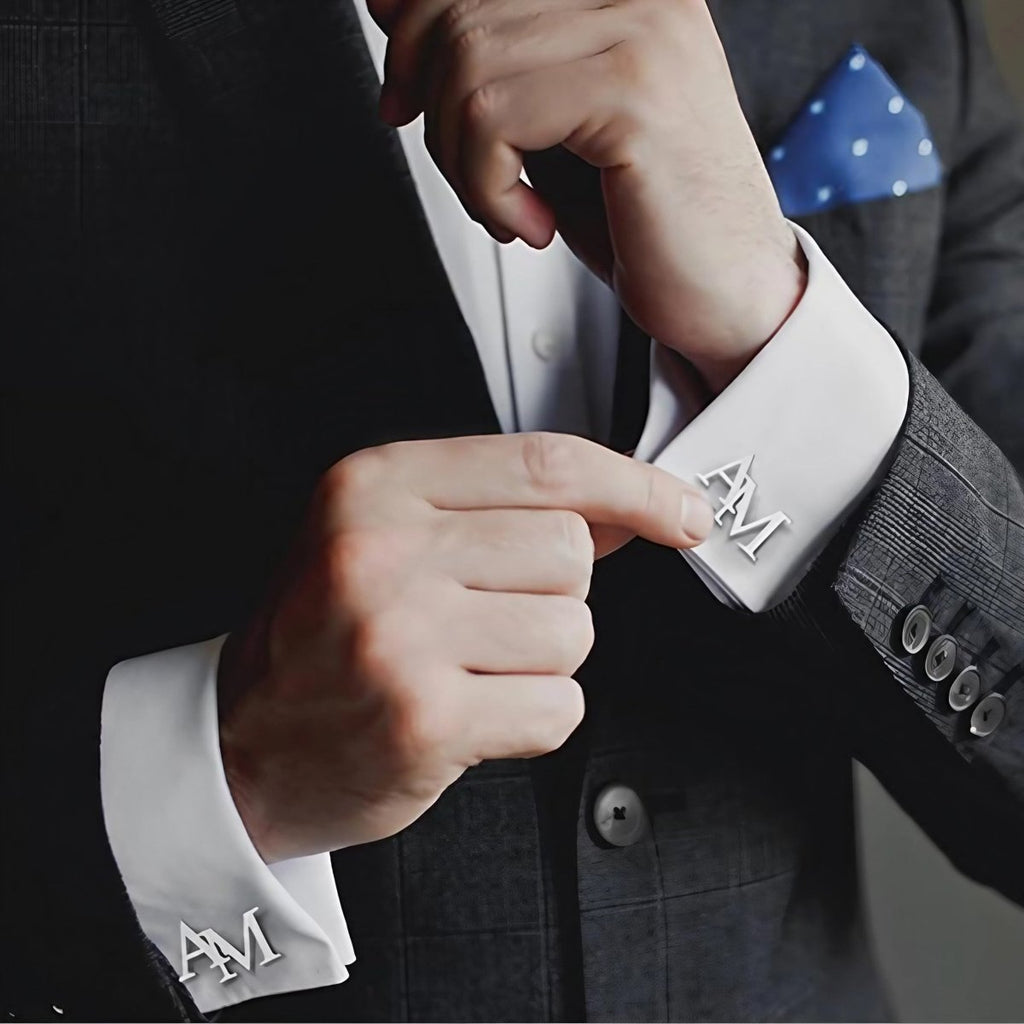 Personalized stainless steel cufflinks with custom cutout initials, 28x19mm, 3.9g weight.