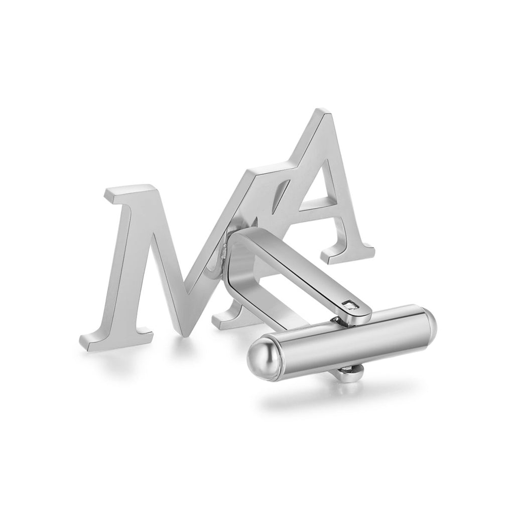 Personalized stainless steel cufflinks with custom cutout initials, 28x19mm, 3.9g weight.