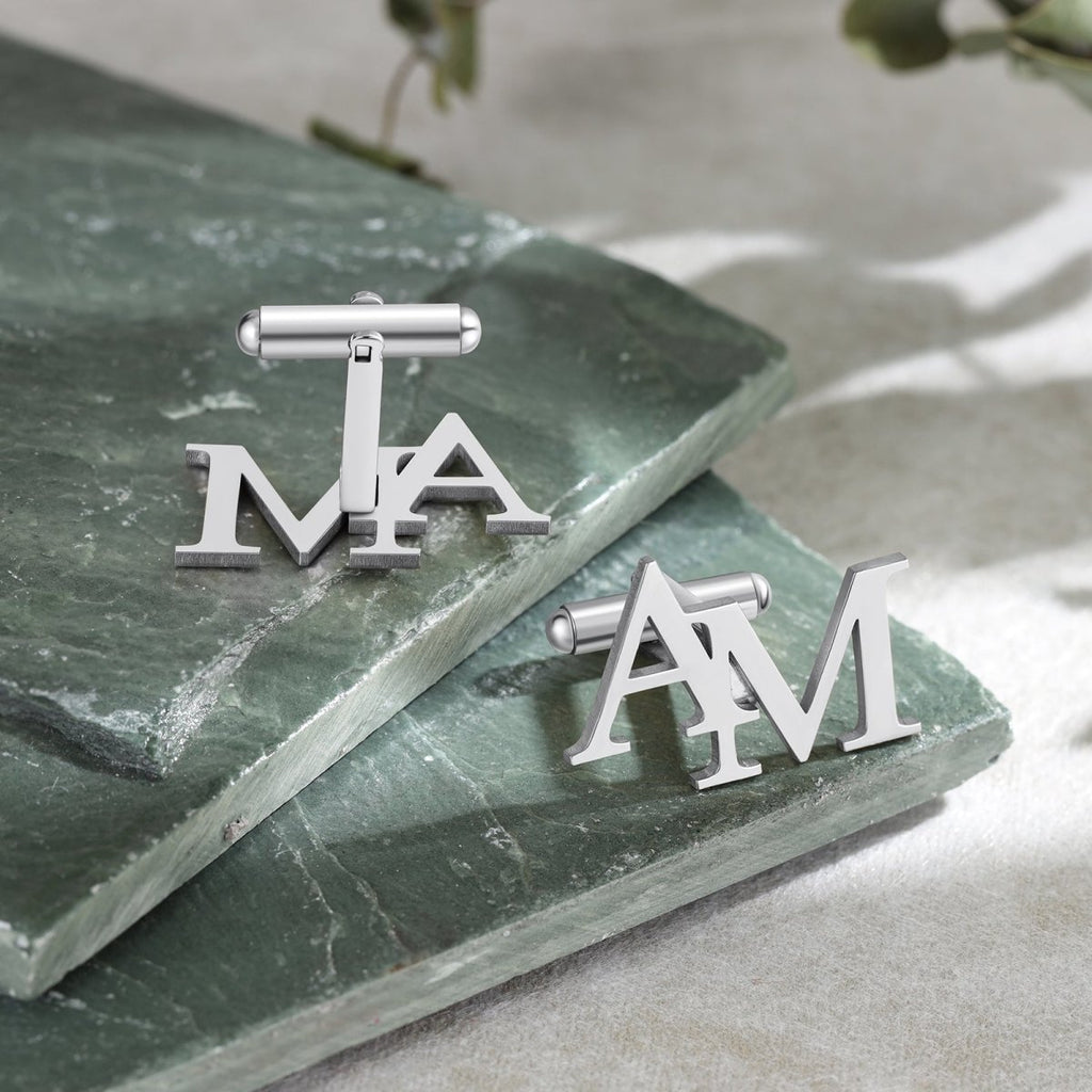 Personalized stainless steel cufflinks with custom cutout initials, 28x19mm, 3.9g weight.