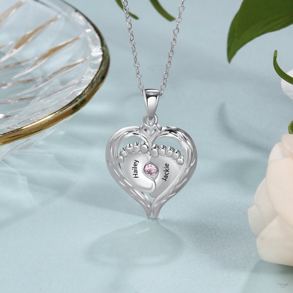 Little Feet Heart Pendant Necklace, Personalised Names 925 Sterling Silver Necklace - Engraved Memories