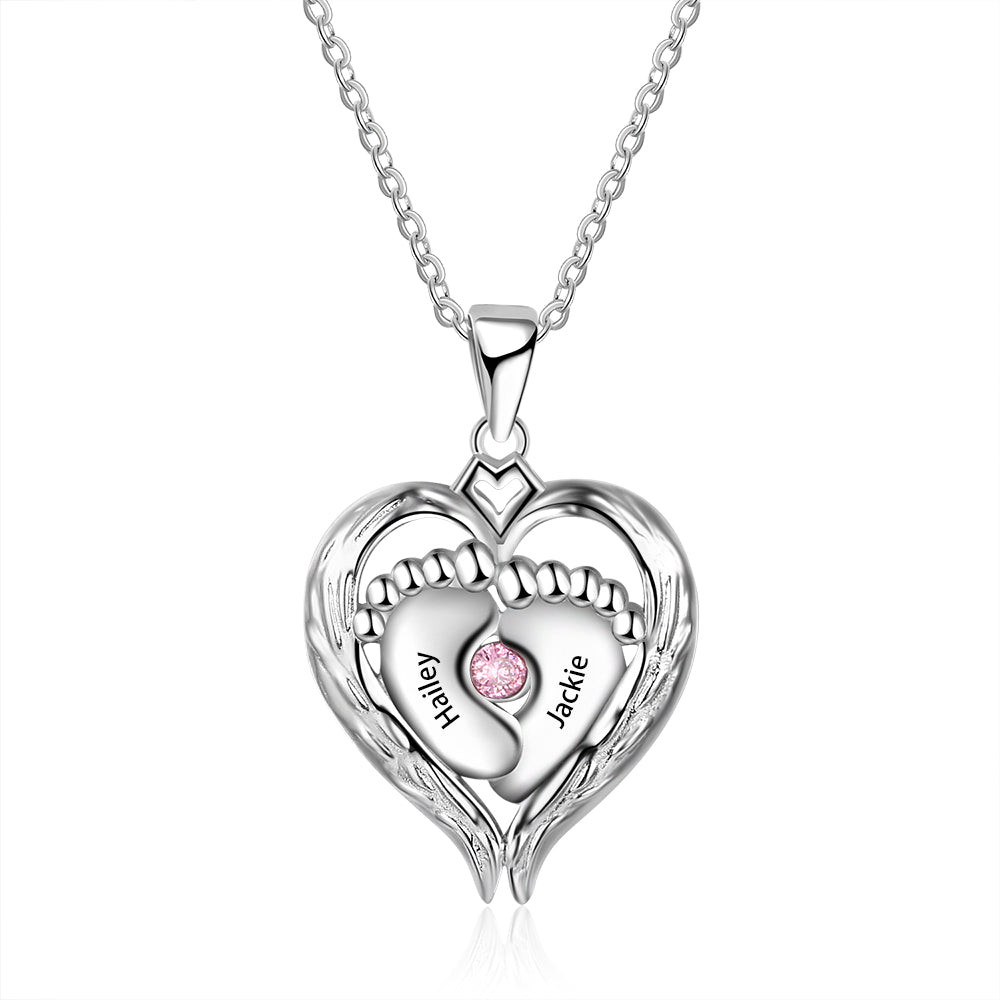 Little Feet Heart Pendant Necklace, Personalised Names 925 Sterling Silver Necklace - Engraved Memories