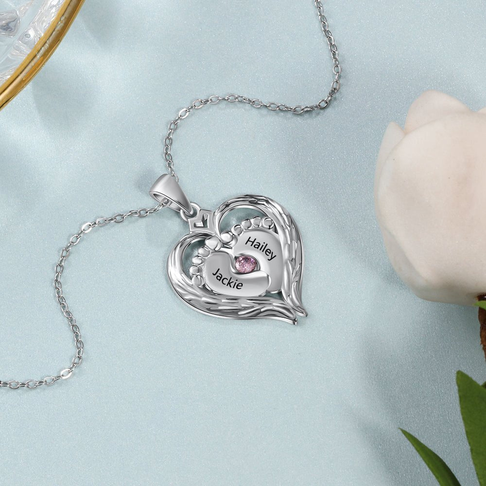 Little Feet Heart Pendant Necklace, Personalised Names 925 Sterling Silver Necklace - Engraved Memories