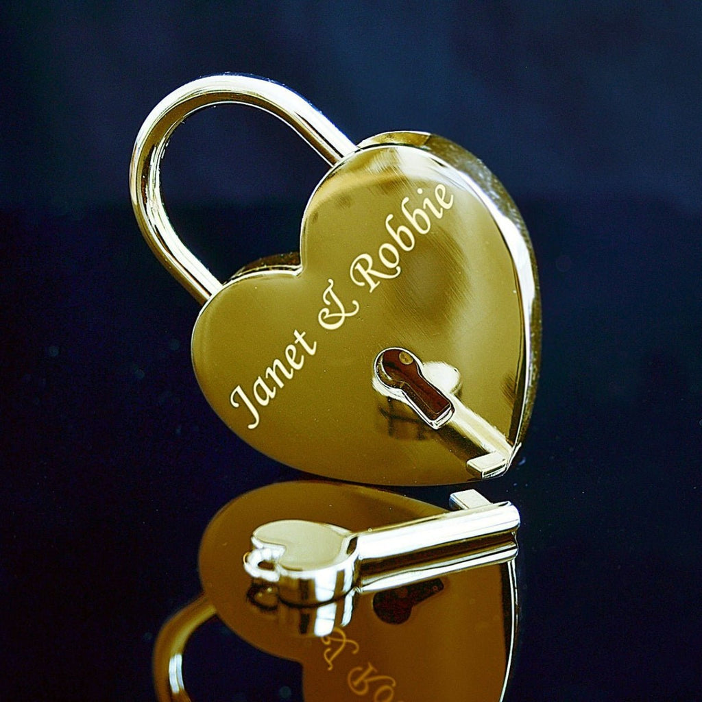 Personalized Gold Love Lock with Key, engrave text on both sides, heart-shaped, 58mm x 44mm.