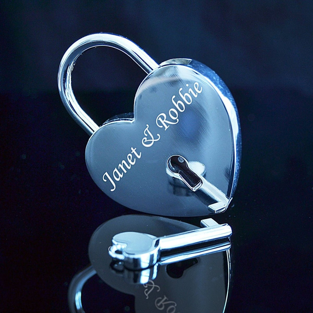 Personalized Silver Love Lock with Key, engrave text on both sides, heart-shaped, 58mm x 44mm.