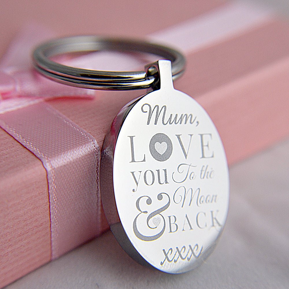 Personalized 316L stainless steel oval keychain, ‘Love You to the Moon & Back,’ 25x37mm, engraved.