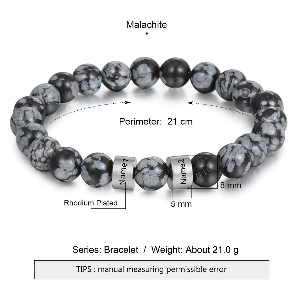 Malachite Bracelet, Personalised Malachite Stone Men's Bracelet, Engraved Name Charms, Father's day Gift, Gift for Dad, Bead Bracelet - Engraved Memories