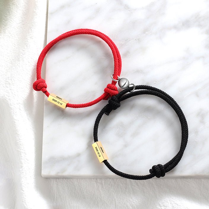 Matching couple's bracelets, black and red cord, stainless steel, magnetic charms, adjustable 30cm.