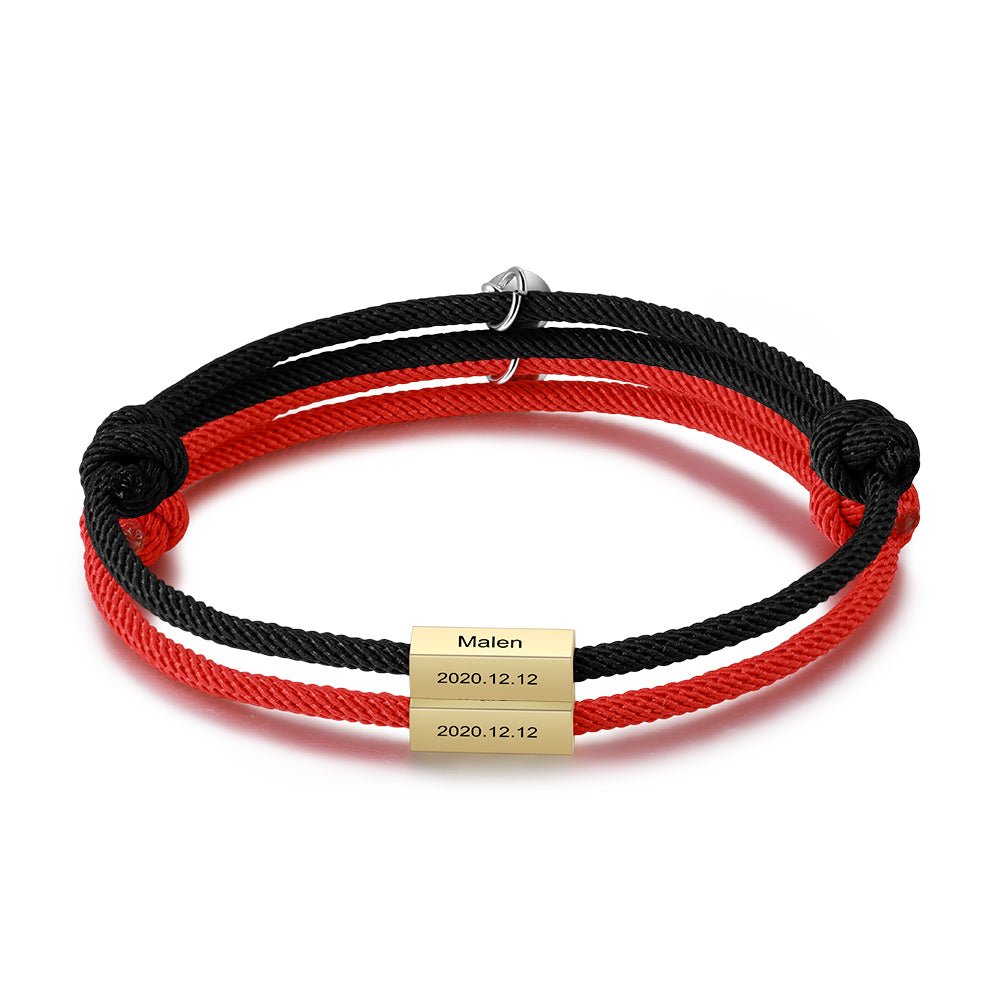 Matching couple's bracelets, black and red cord, stainless steel, magnetic charms, adjustable 30cm.