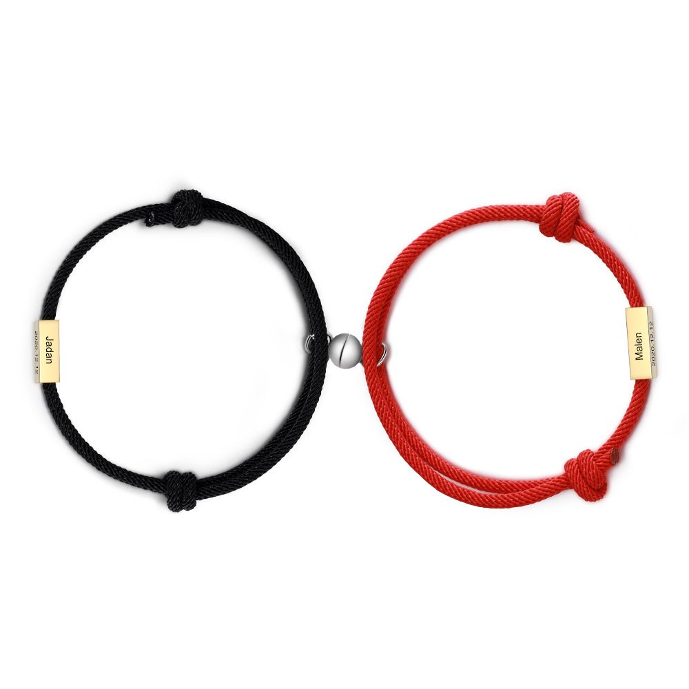 Matching couple's bracelets, black and red cord, stainless steel, magnetic charms, adjustable 30cm.