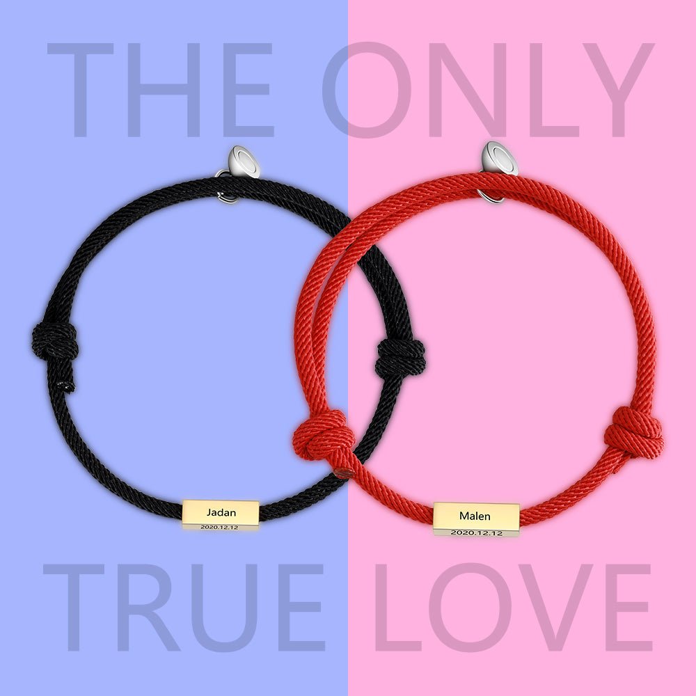 Matching couple's bracelets, black and red cord, stainless steel, magnetic charms, adjustable 30cm.