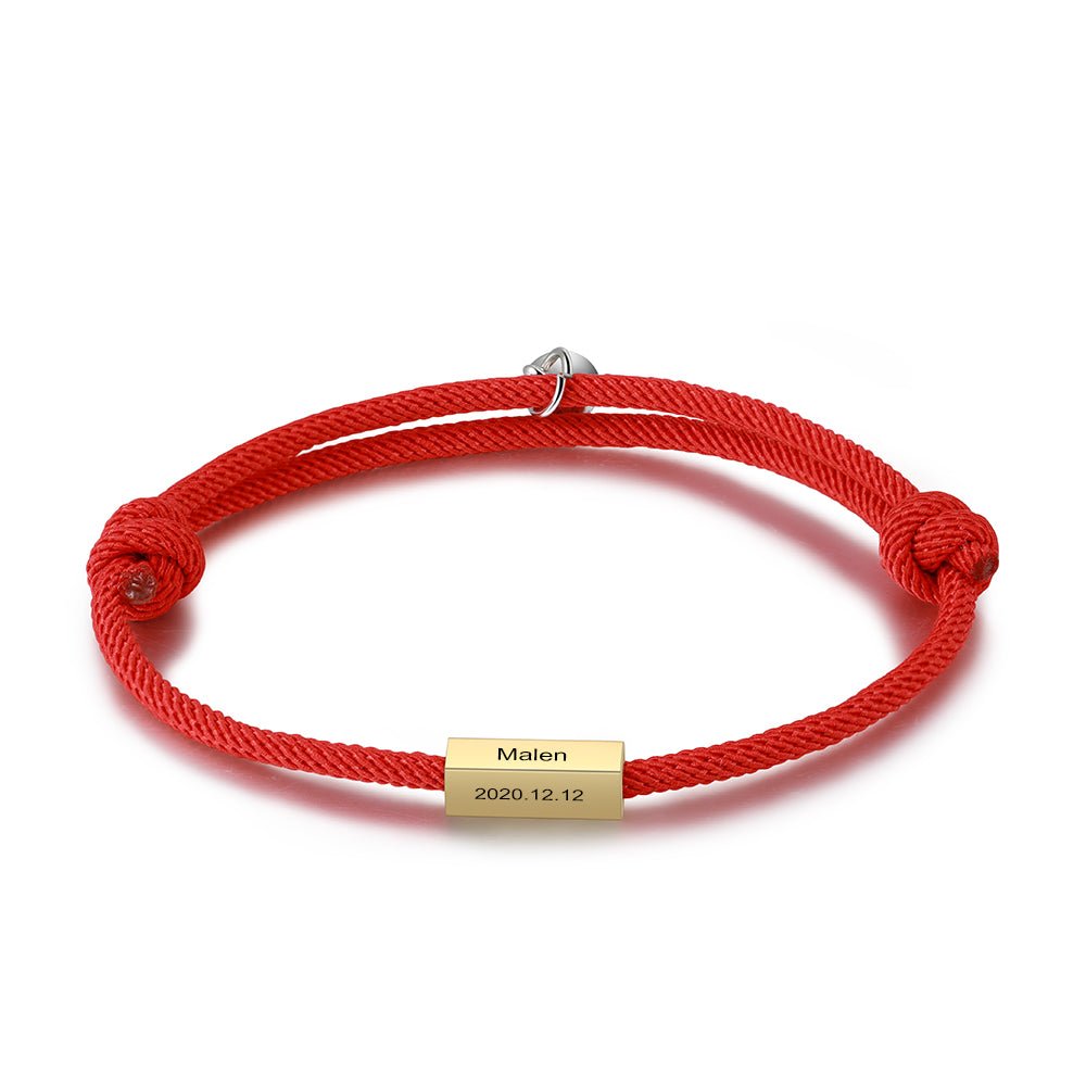 Matching couple's bracelets, black and red cord, stainless steel, magnetic charms, adjustable 30cm.
