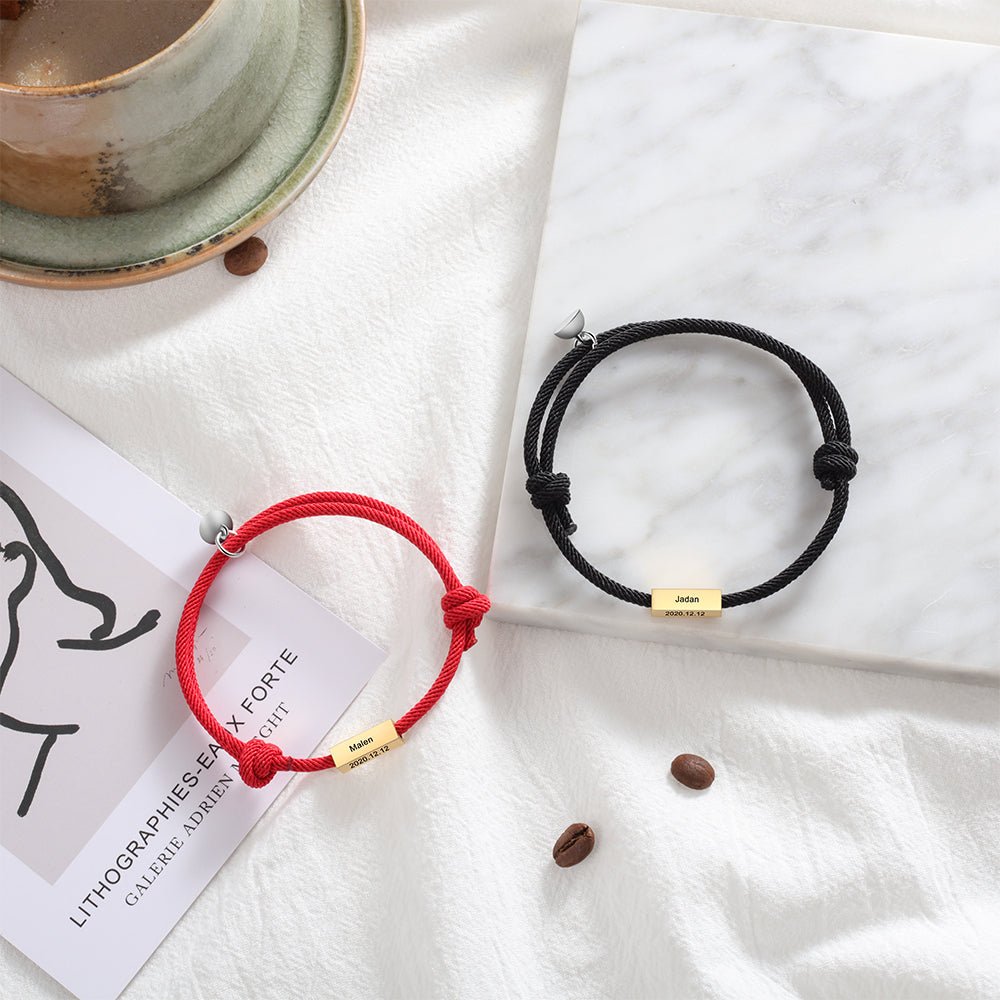 Matching couple's bracelets, black and red cord, stainless steel, magnetic charms, adjustable 30cm.