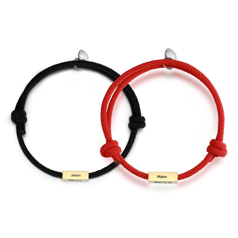 Matching couple's bracelets, black and red cord, stainless steel, magnetic charms, adjustable 30cm.