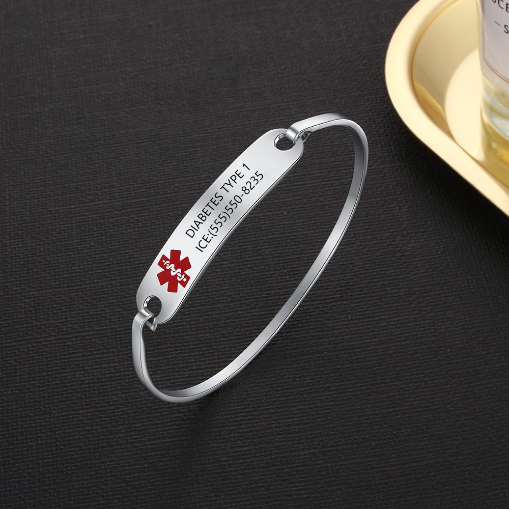 Medical Alert Bangle - Personalised Medical Alert ID Bracelet, Custom Medical Bangle - Engraved Memories