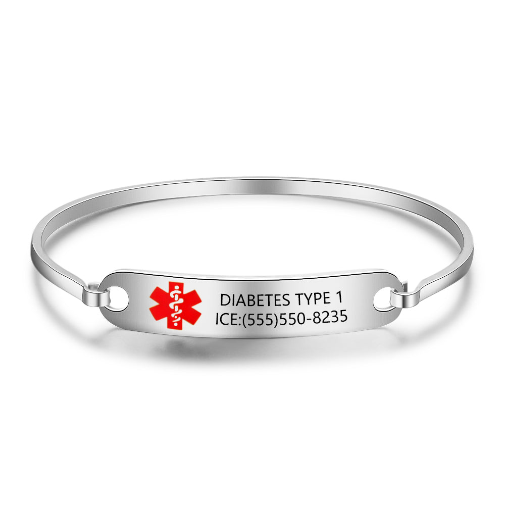 Medical Alert Bangle - Personalised Medical Alert ID Bracelet, Custom Medical Bangle - Engraved Memories