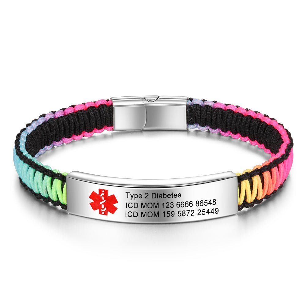 Medical Alert Bracelet - Stainless Steel ID Medical Bracelet with Multicolor Rope Strap, Rainbow Medical Bracelet - Engraved Memories