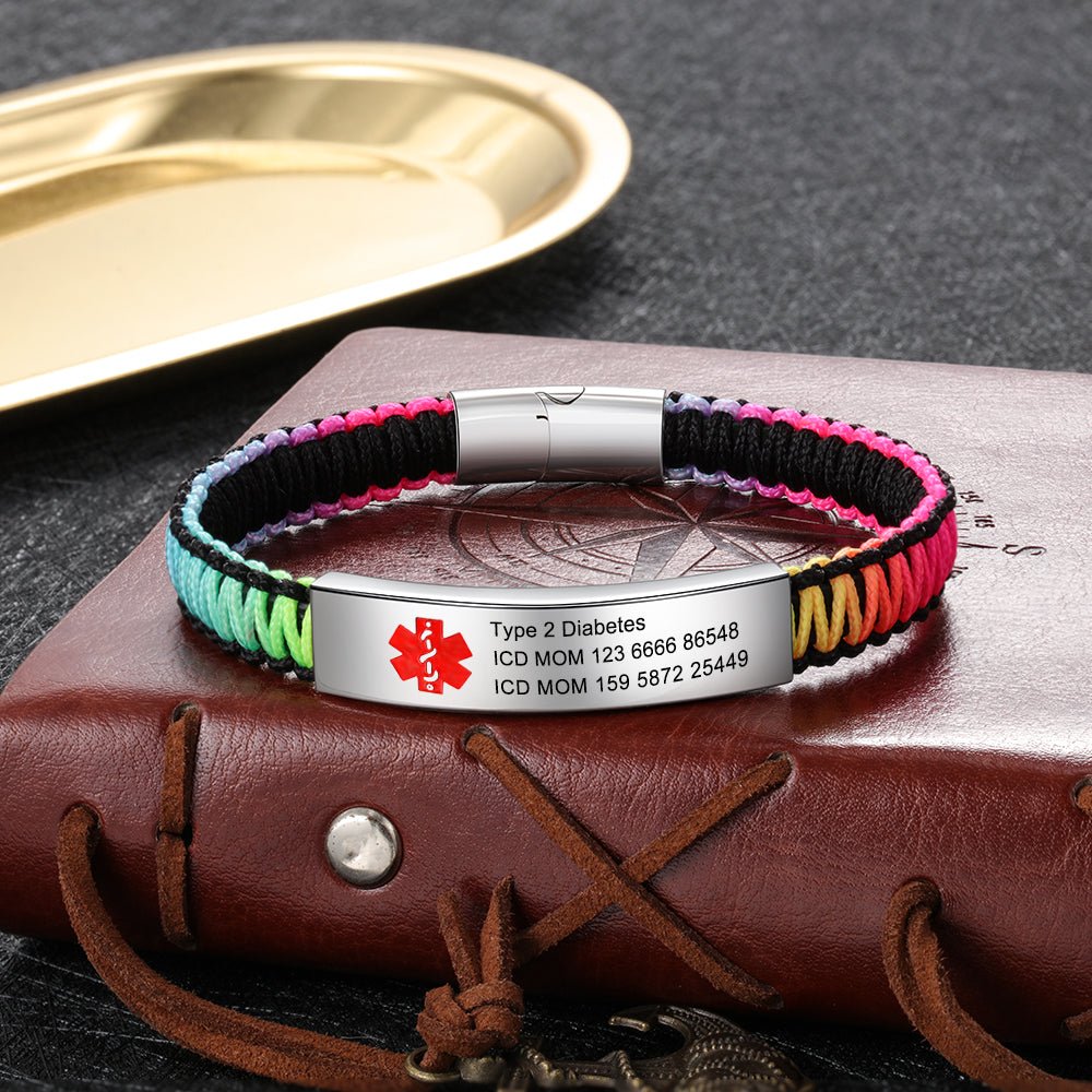 Rainbow medical alert bracelet, stainless steel ID, multicolor rope strap, 19cm/22.2cm, emergency safety.