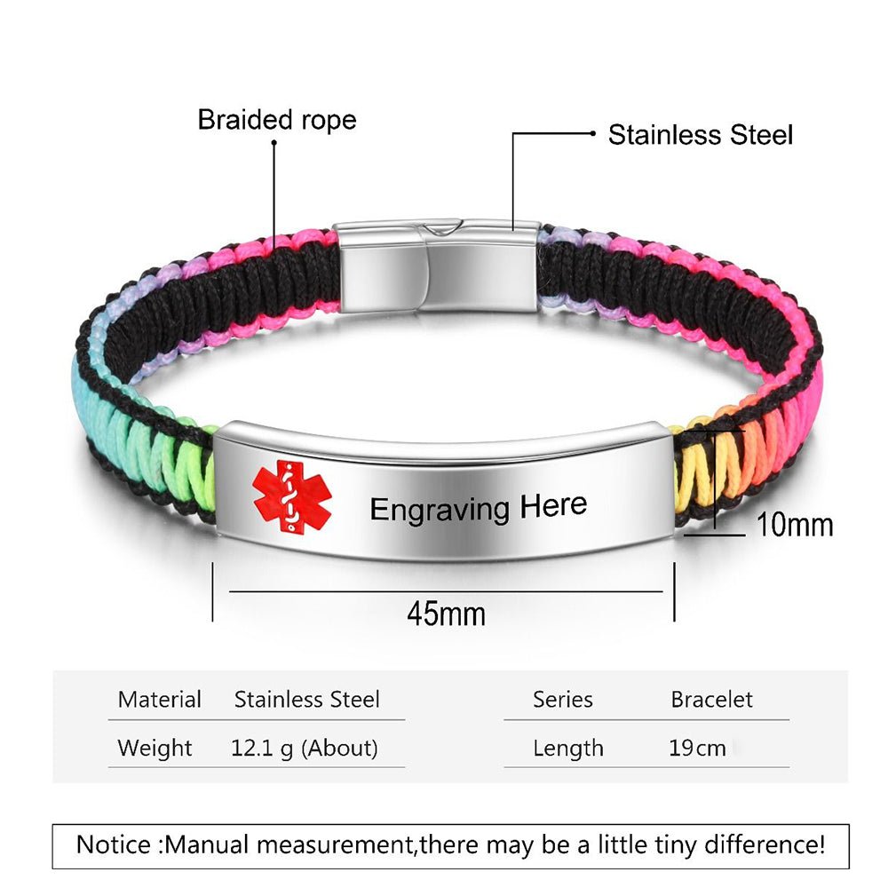 Rainbow medical alert bracelet, stainless steel ID, multicolor rope strap, 19cm/22.2cm, emergency safety.