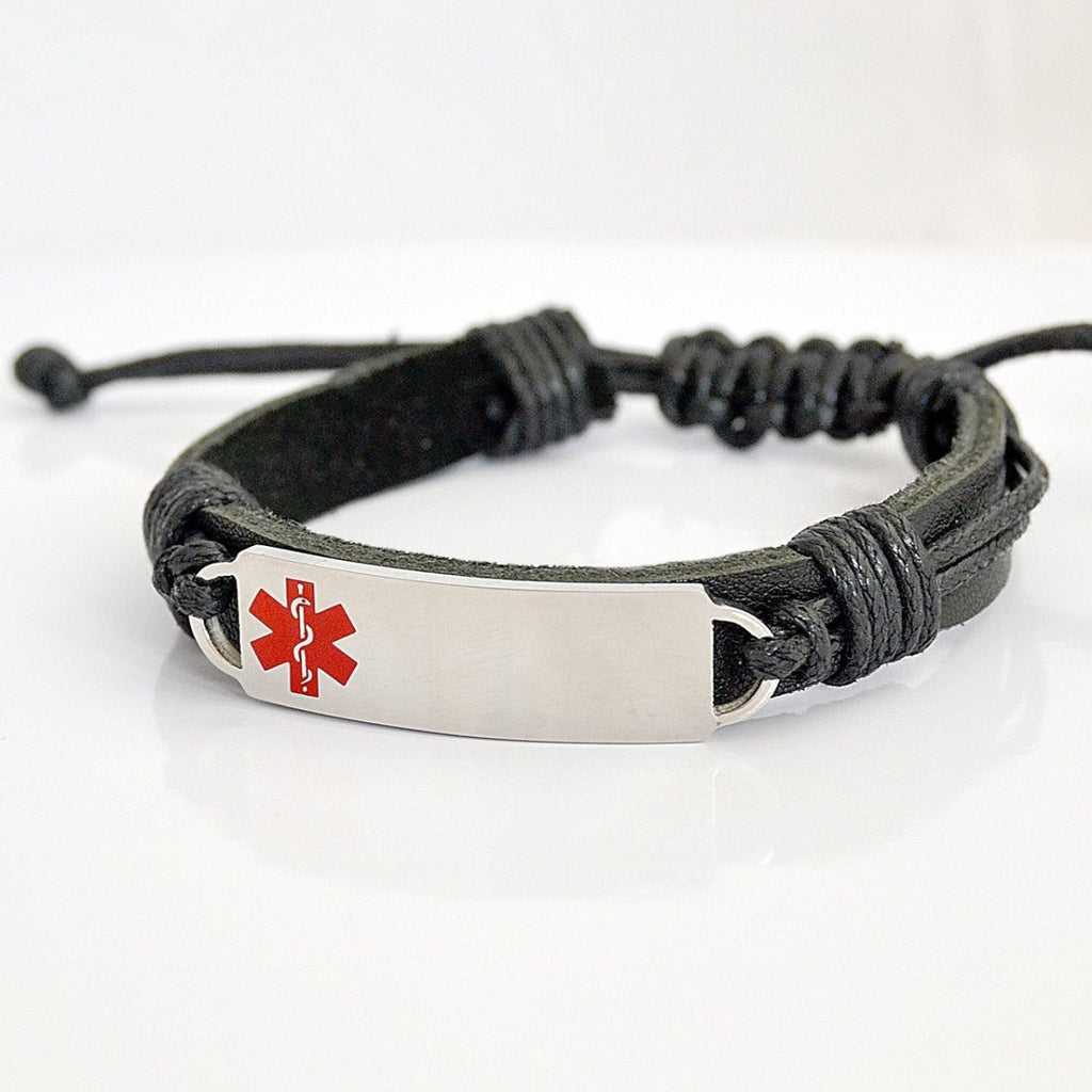 Engravable medical alert bracelet, black leather band, 316L stainless steel tag, adjustable 20-32cm.