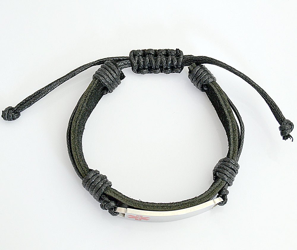 Engravable medical alert bracelet, black leather band, 316L stainless steel tag, adjustable 20-32cm.