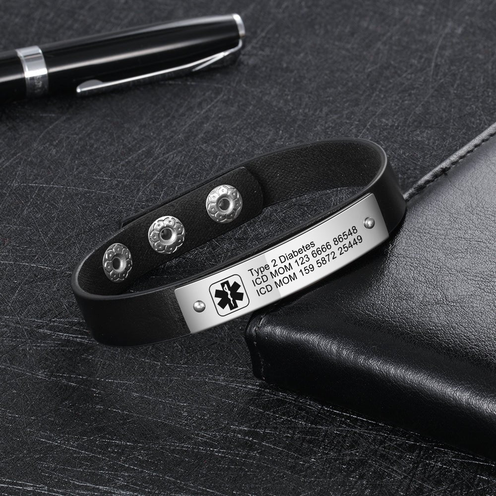Men's medical ID bracelet, black leather and stainless steel, 25cm, engraved plate, adjustable safety alert