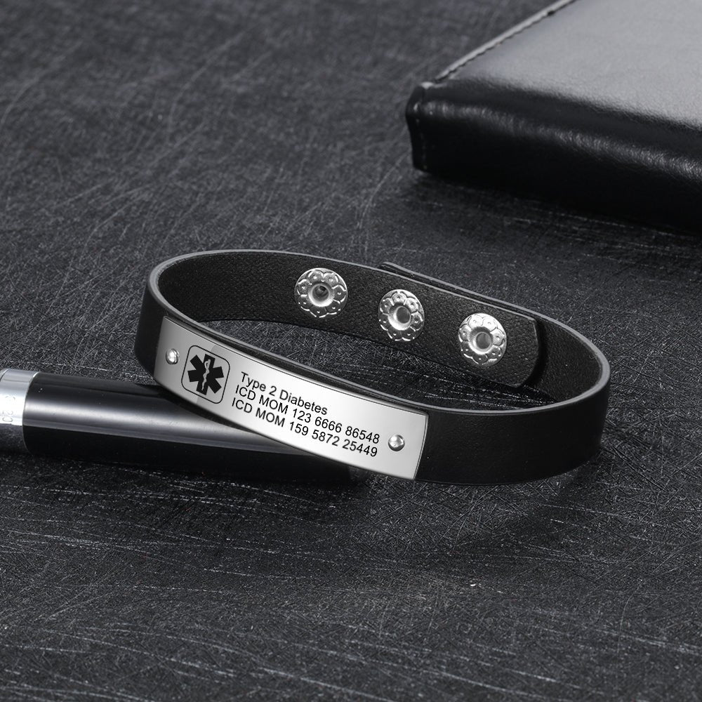 Men's medical ID bracelet, black leather and stainless steel, 25cm, engraved plate, adjustable safety alert