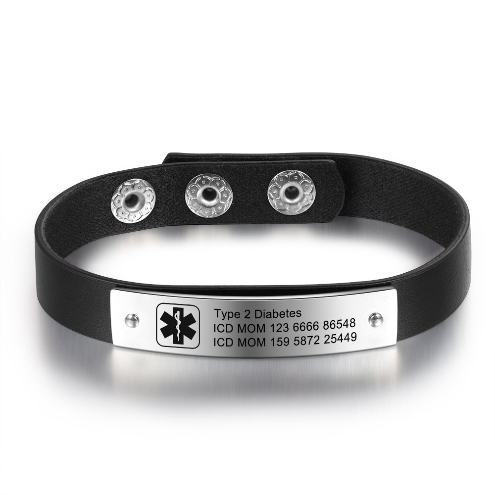Men's medical ID bracelet, black leather and stainless steel, 25cm, engraved plate, adjustable safety alert