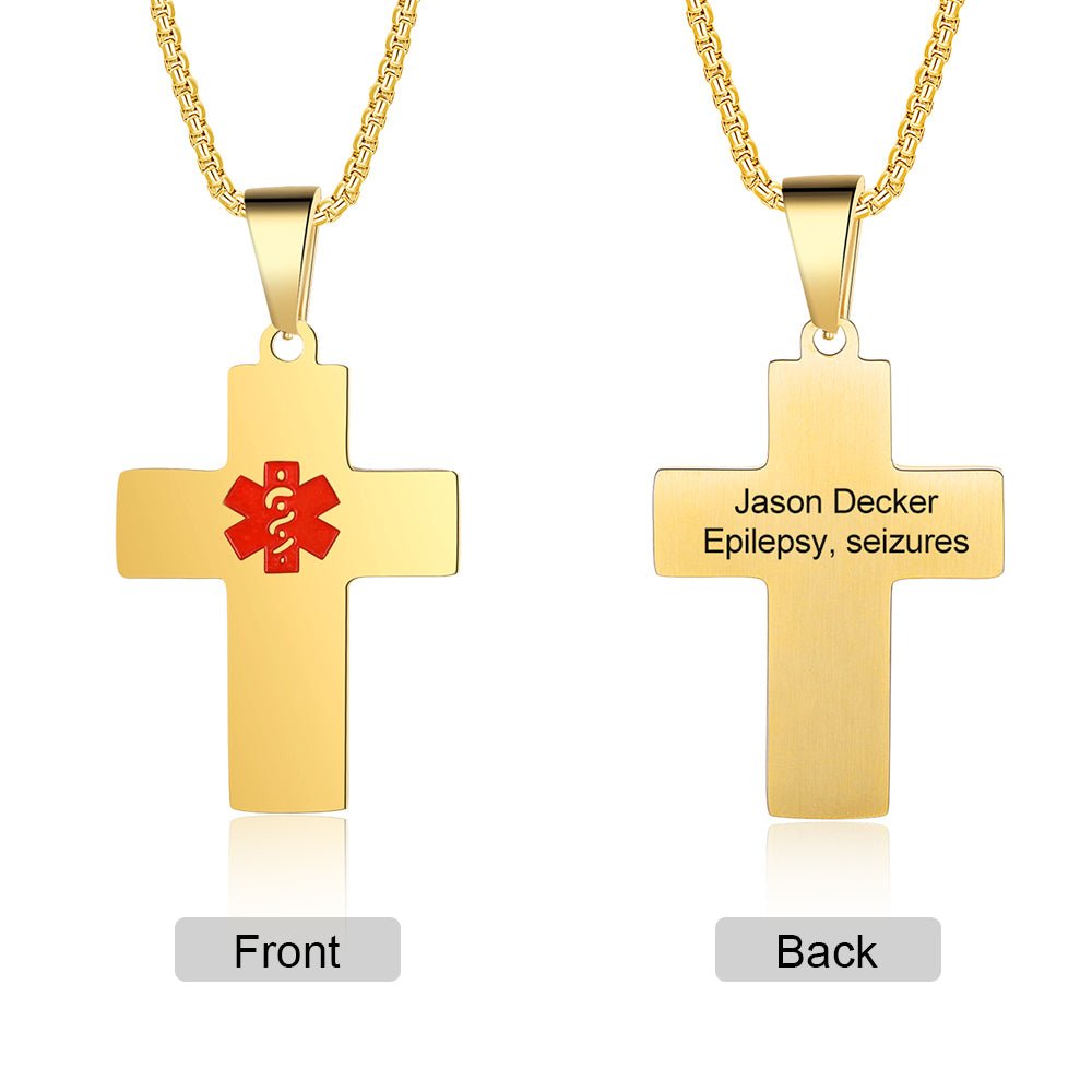 Personalized stainless steel medical ID cross necklace, gold, white gold, or black, durable safety alert.