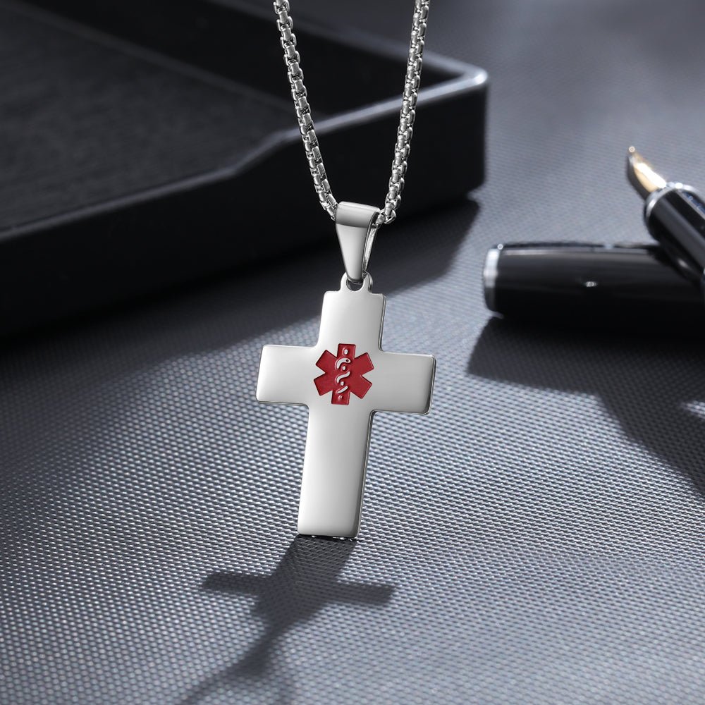 Personalized stainless steel medical ID cross necklace, gold, white gold, or black, durable safety alert.