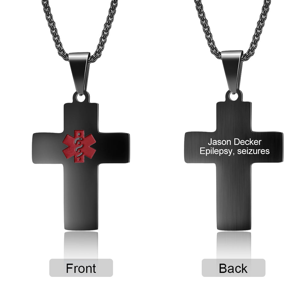 Personalized stainless steel medical ID cross necklace, gold, white gold, or black, durable safety alert.