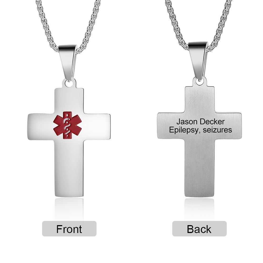 Personalized stainless steel medical ID cross necklace, gold, white gold, or black, durable safety alert.