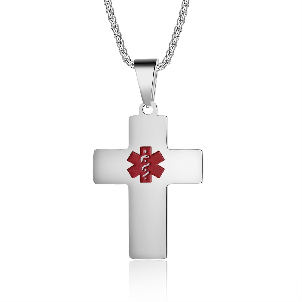 Personalized stainless steel medical ID cross necklace, gold, white gold, or black, durable safety alert.