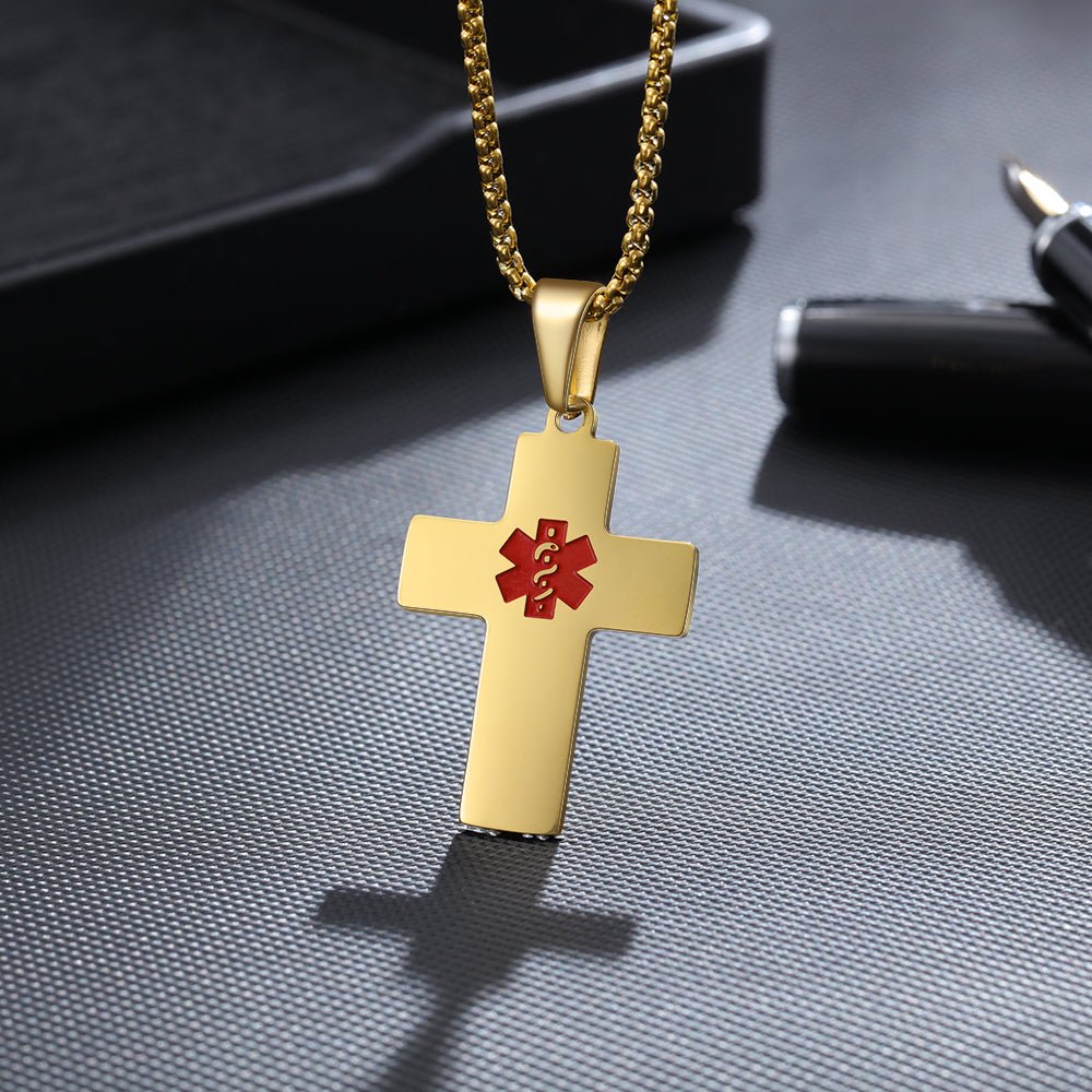Personalized stainless steel medical ID cross necklace, gold, white gold, or black, durable safety alert.