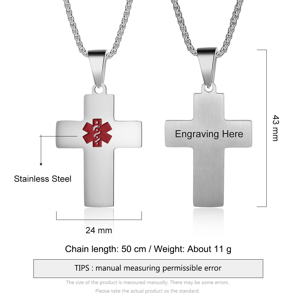 Personalized stainless steel medical ID cross necklace, gold, white gold, or black, durable safety alert.