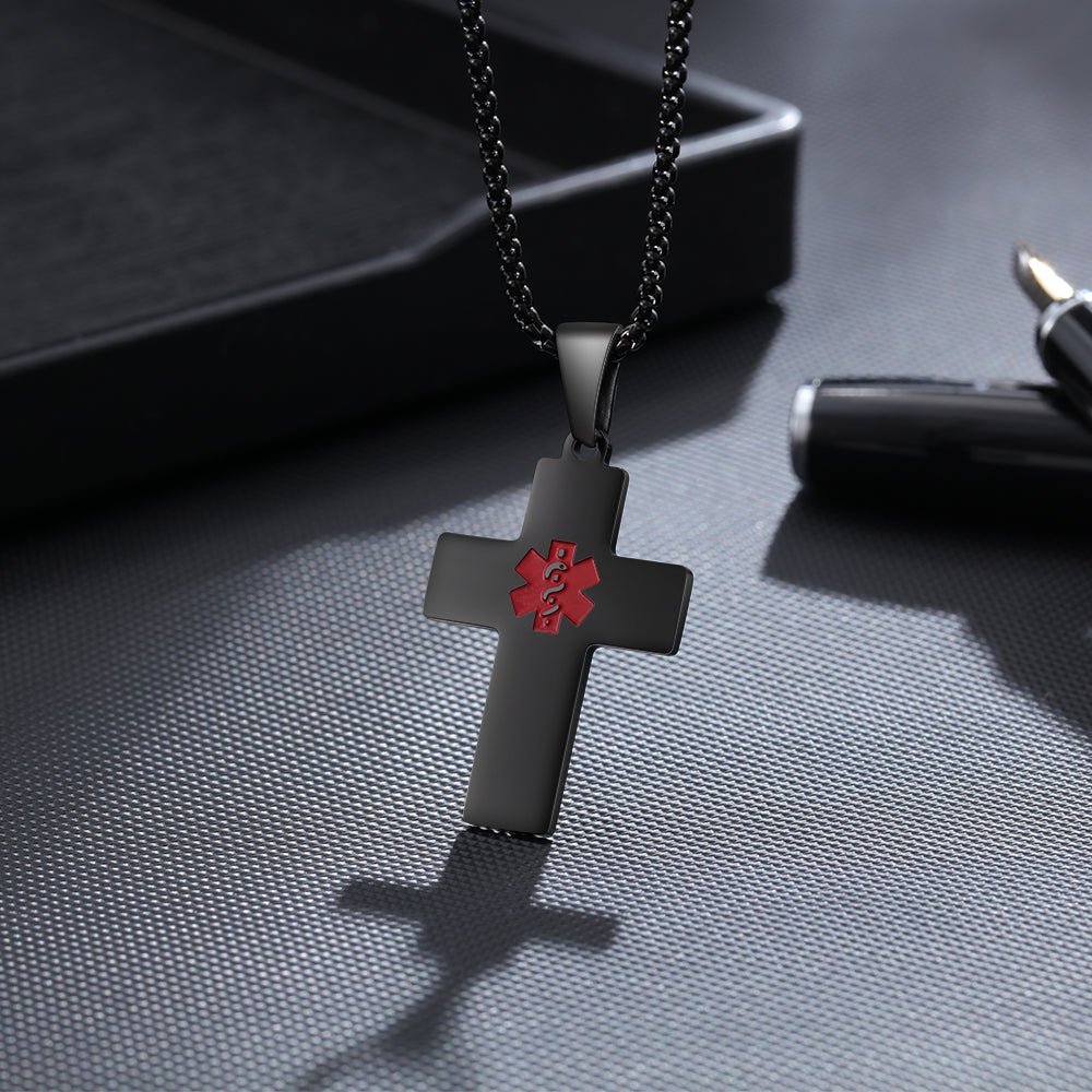 Personalized stainless steel medical ID cross necklace, gold, white gold, or black, durable safety alert.