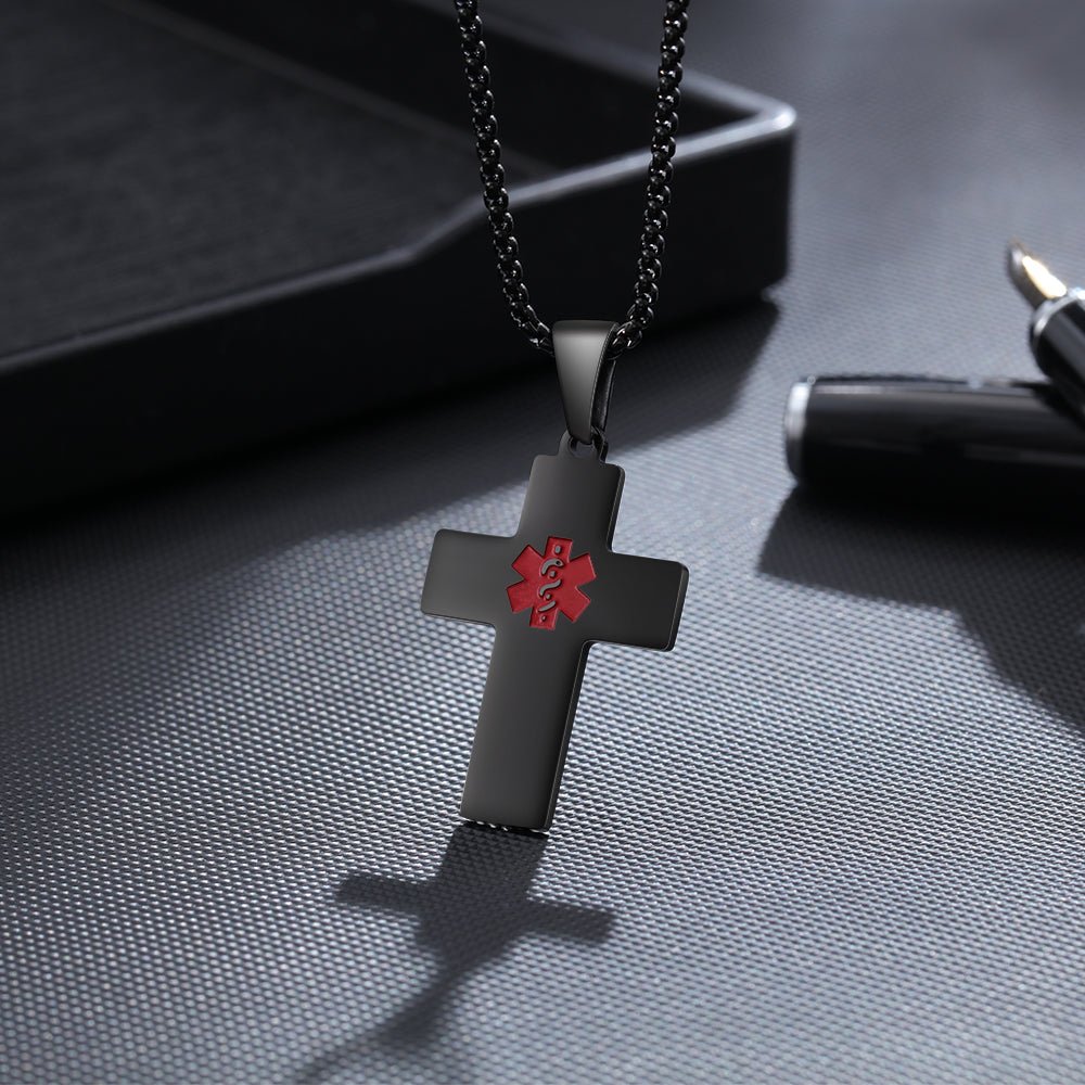 Medical ID Cross Necklace, Medical Alert Cross Pendant, Personalised Stainless Steel Medical Necklace - Engraved Memories