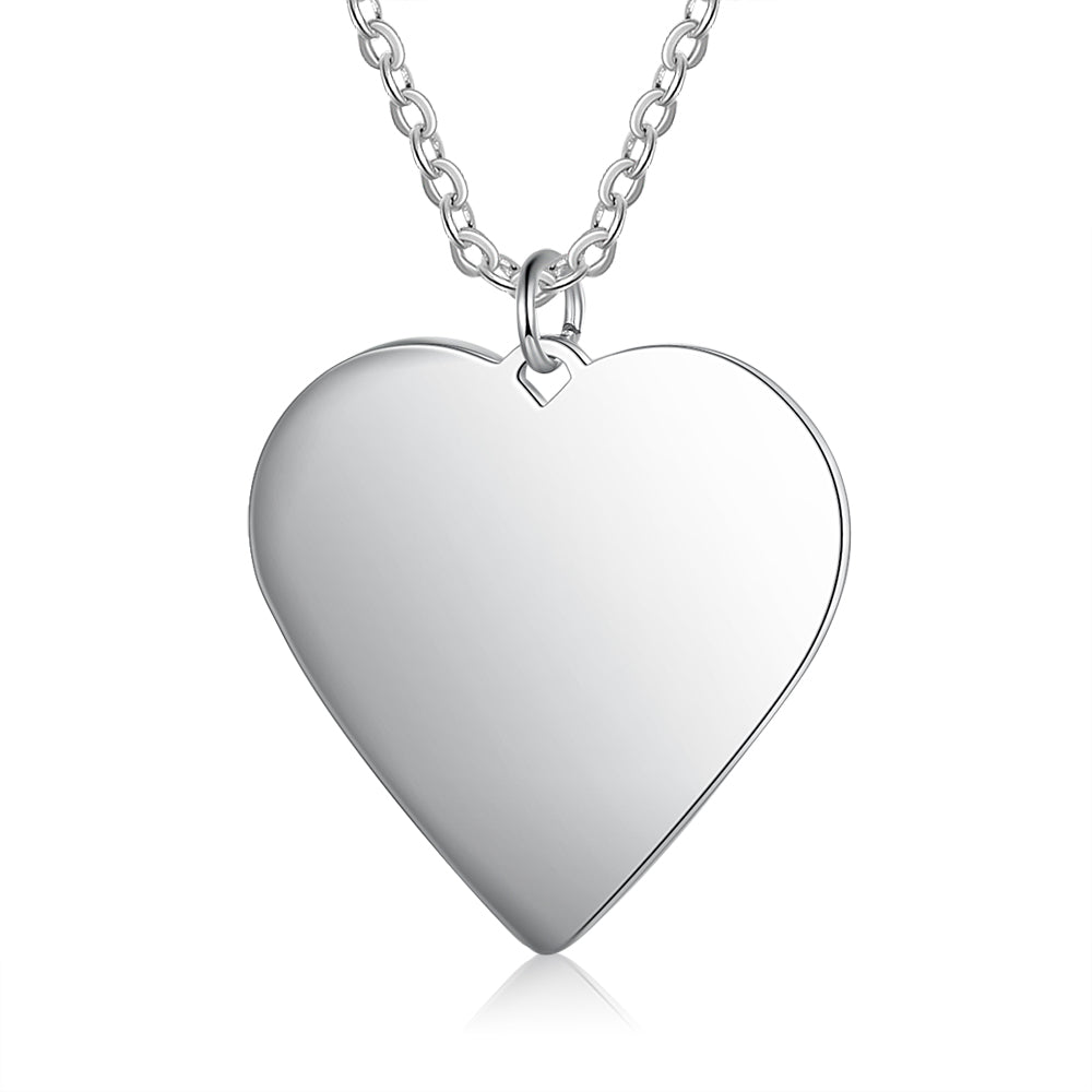 Personalized stainless steel medical ID necklace, white gold plated, heart pendant, 30mm, emergency alert.