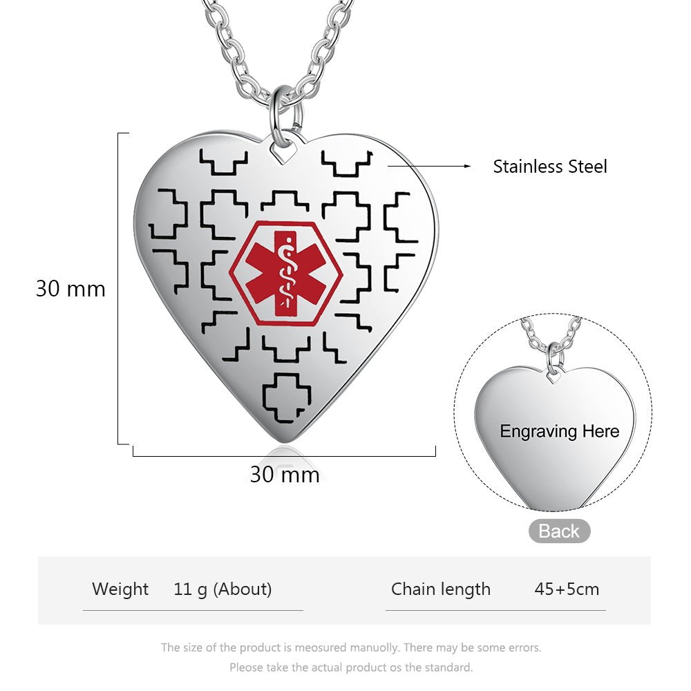 Personalized stainless steel medical ID necklace, white gold plated, heart pendant, 30mm, emergency alert.