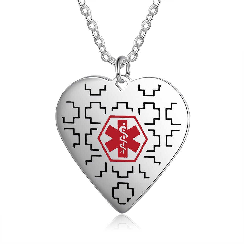 Personalized stainless steel medical ID necklace, white gold plated, heart pendant, 30mm, emergency alert.