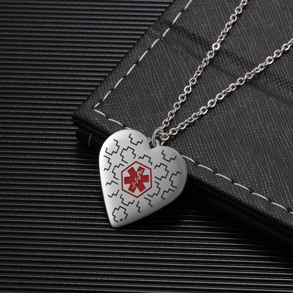 Personalized stainless steel medical ID necklace, white gold plated, heart pendant, 30mm, emergency alert.