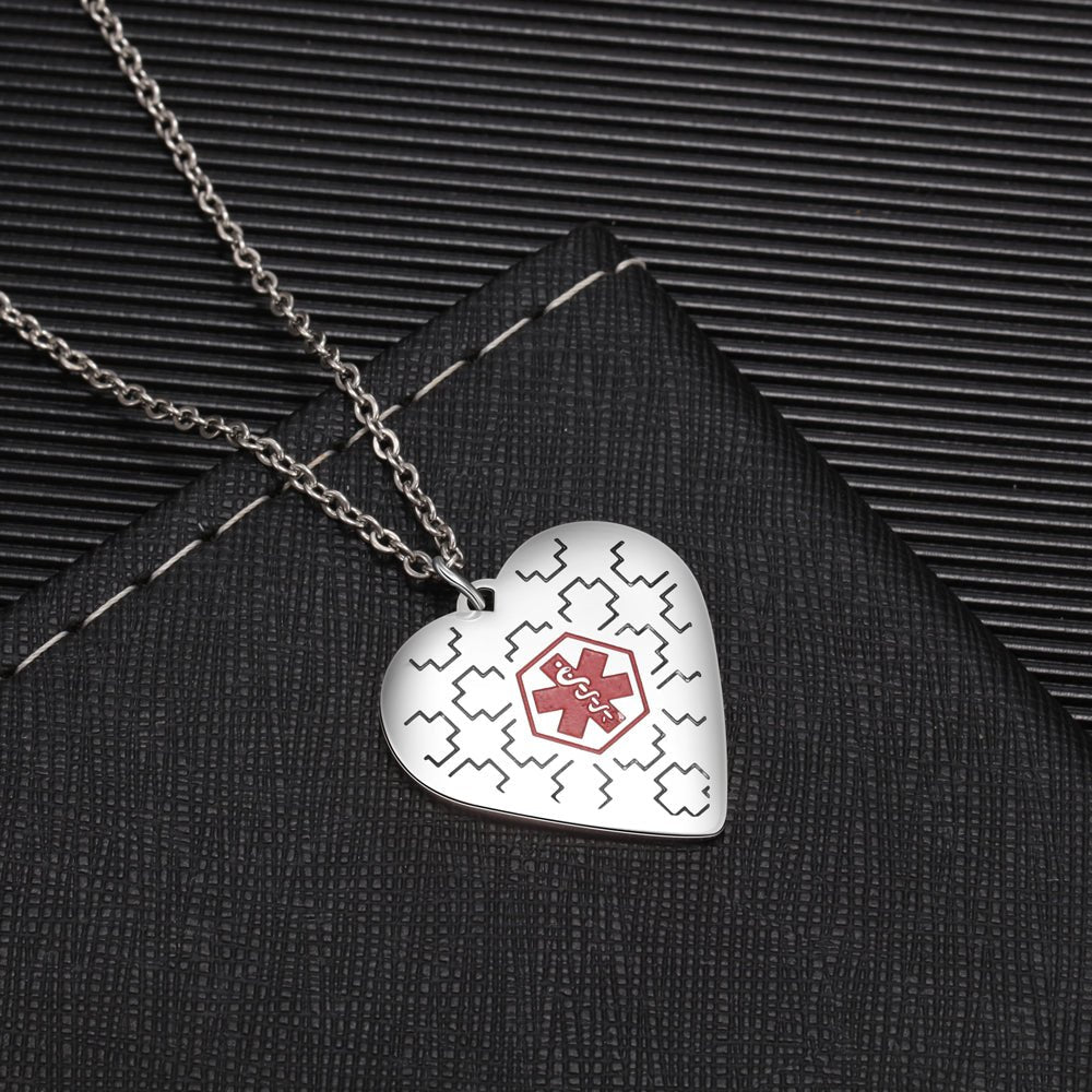 Personalized stainless steel medical ID necklace, white gold plated, heart pendant, 30mm, emergency alert.